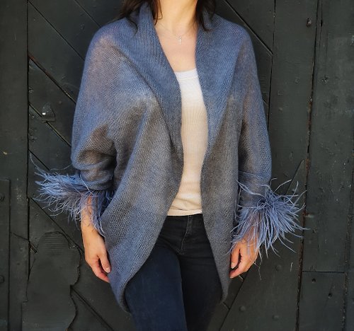 GemKnitDesign Cocoon mohair silk cardigan with feathers