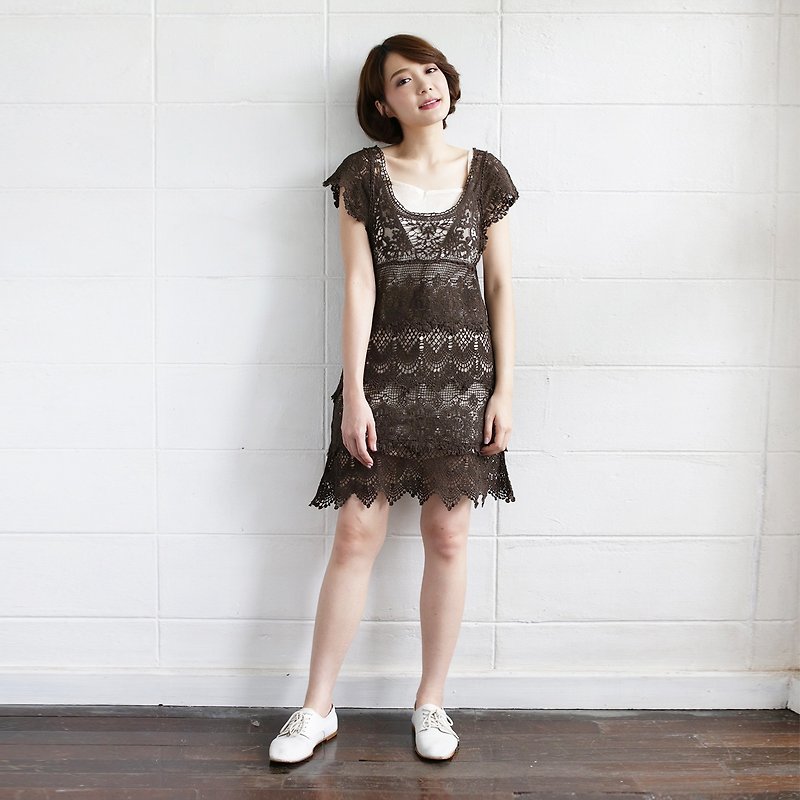 Brown Short-Sleeve Dresses Lace Cotton Sweet Garden - เสื้อผู้หญิง - ผ้าฝ้าย/ผ้าลินิน สีนำ้ตาล