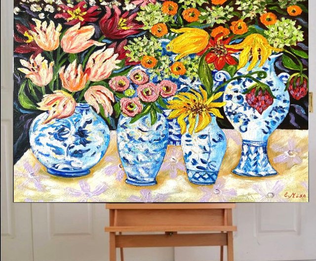 2体の価格 青白磁の花瓶 人物と風景の手描き絵 青磁、花繪青瓷、油絵、吊り絵のある花の静物。 - ショップ Gala