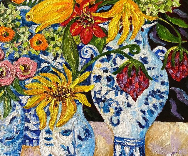 油絵 絵画 【白と青い花】 花の絵画を油絵で描いた篠崎晴夫の花の絵「青い背景の白い花」を
