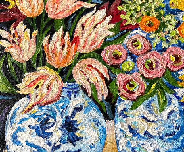 青磁、花繪青瓷、油絵、吊り絵のある花の静物。 - ショップ Gala