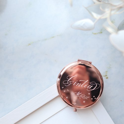 Rose Gold Portable Mirror Small Round Mirror Hand-engraved Name