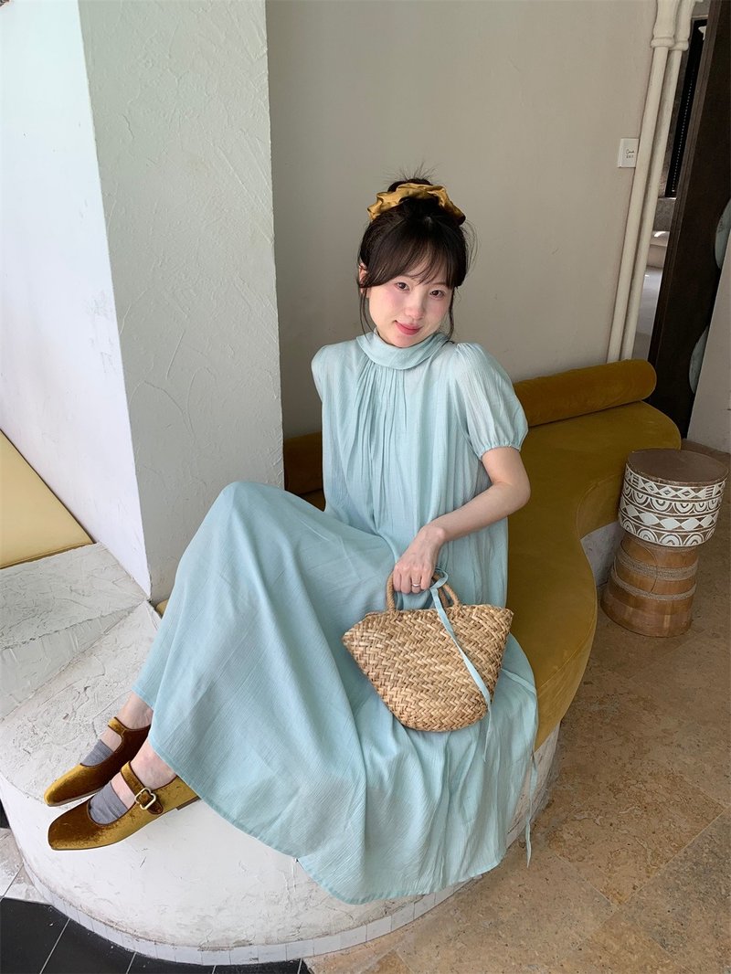 慵懶日系大袍子 連衣裙翻領洋服 寬松薄荷綠紫色長款 - 洋裝/連身裙 - 棉．麻 
