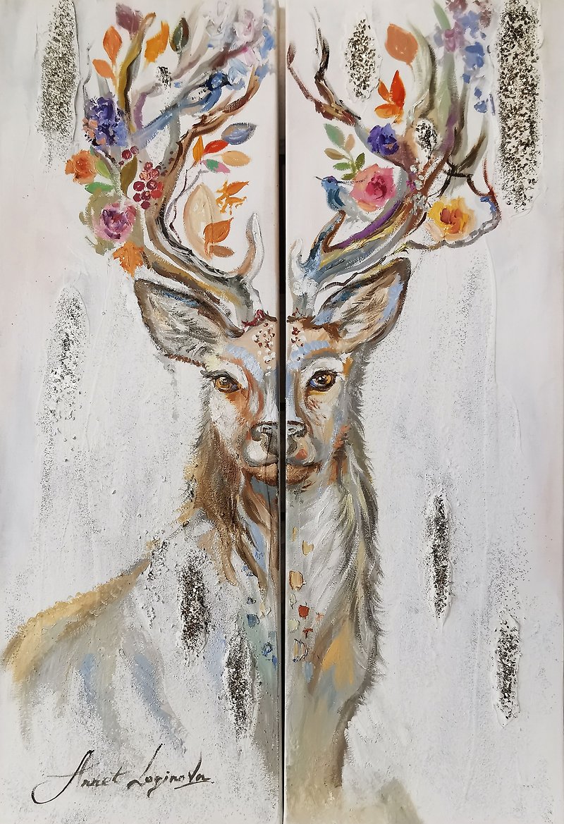 鹿的童話 一套 2 幅原創油畫。波西米亞風格裝飾。 - 牆貼/牆身裝飾 - 其他材質 灰色