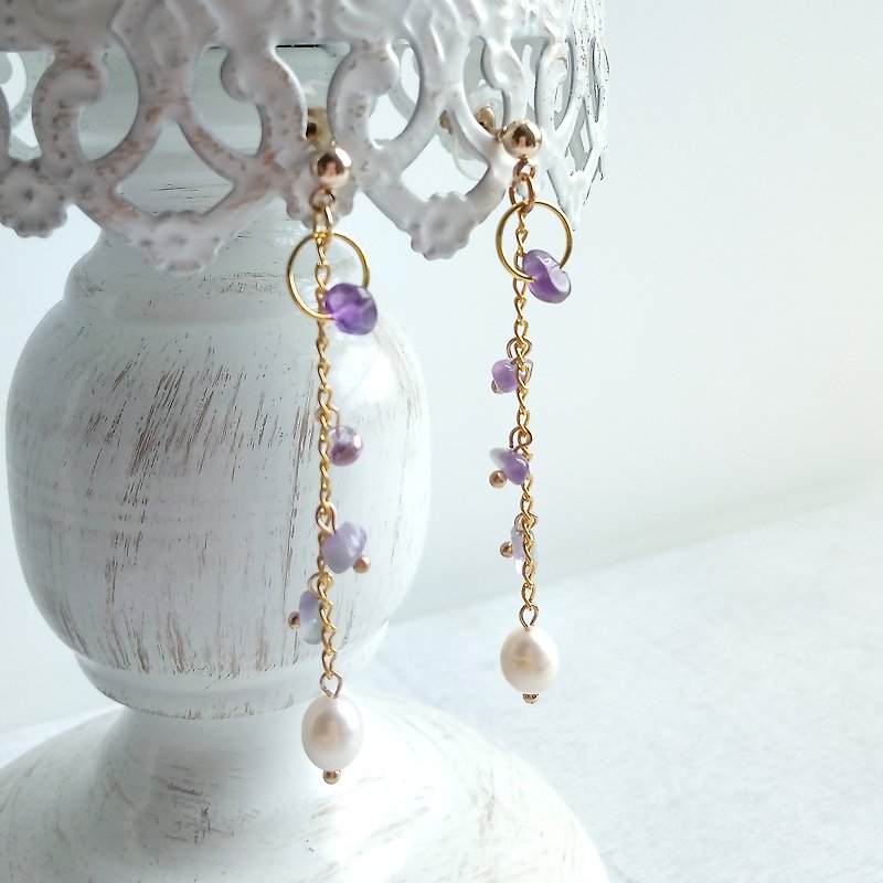 Aiyana simple amethyst crystal Stone series of natural freshwater pearl earrings - Ear / Clip-On - Earrings & Clip-ons - Crystal Purple