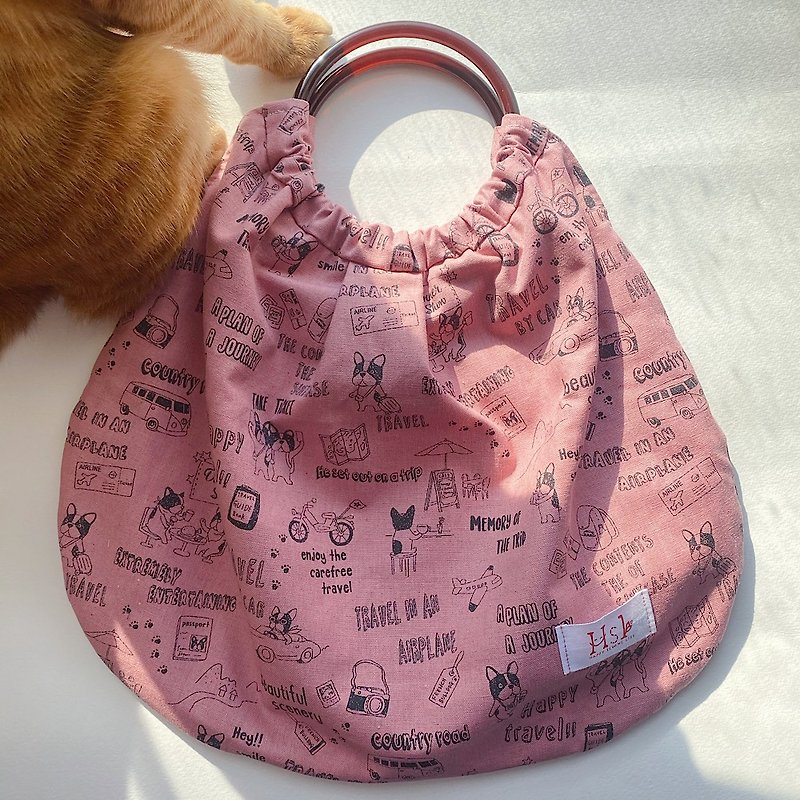 Pink Puppy Cotton Linen Grandma Bag Tote Bag Walking Bag - Handbags & Totes - Cotton & Hemp 