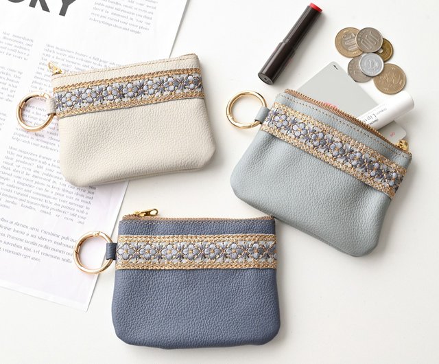 リング付ポーチ 【 インド刺繍 02 × シュリンクレザー 】 花柄