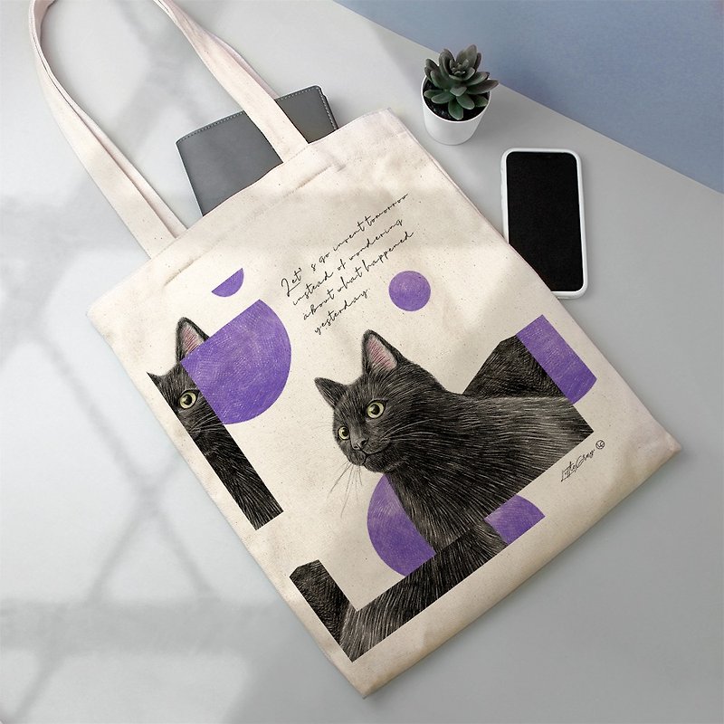 Cotton sail bag_ black cat style - กระเป๋าถือ - ผ้าฝ้าย/ผ้าลินิน สีม่วง