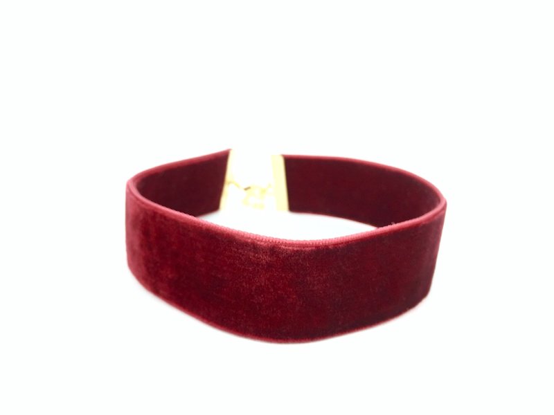Burgundy-Double-sided Velvet Rope Wide Necklace - สร้อยคอ - วัสดุอื่นๆ สีแดง