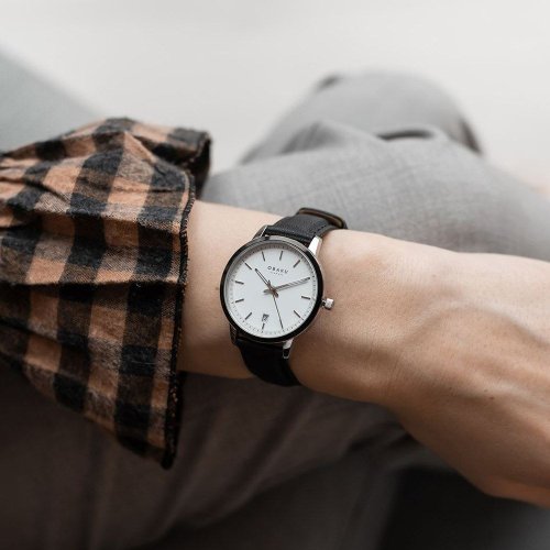 OBAKU 丹麥輕奢極簡設計腕錶 OBAKU 簡約美學淑女皮革時尚腕錶-黑X白(V270LDAWRB)