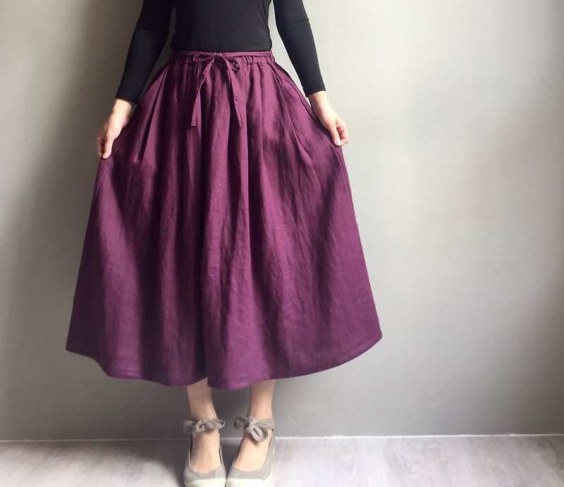 Purple Sister Flower 1@ Elegant Elegant Deep Purple Linen Bandage Long Skirt 100% Linen - Skirts - Cotton & Hemp Purple