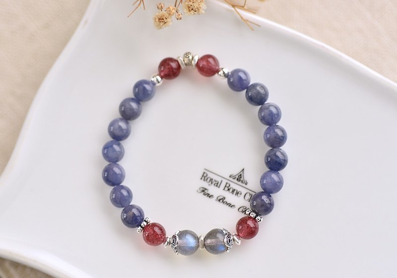 Tanzanite + strawberry crystal + bright labradorite sterling silver crystal bracelet - Bracelets - Gemstone Blue