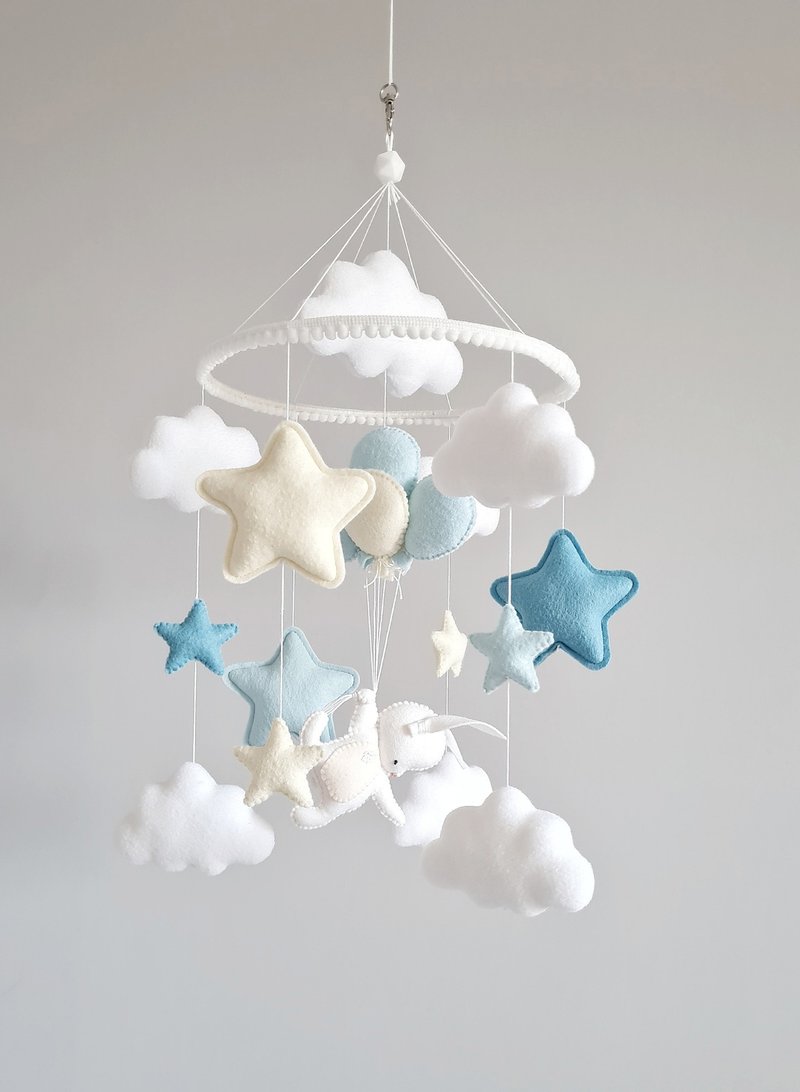 Bunny felt mobile, Blue nursery mobile, Hare balloons baby mobile, Star decor - 寶寶/兒童玩具/玩偶 - 其他材質 藍色
