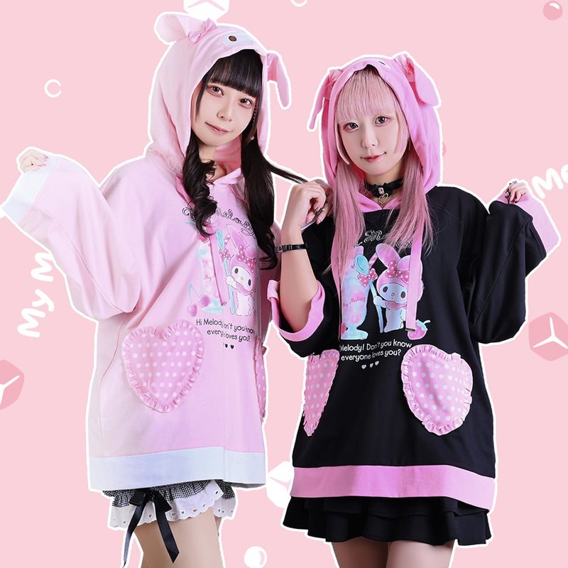 Original Sanrio SANRIO Melody dot love pocket long-sleeved bunny ears hooded T-shirt [JJ5071 - เสื้อฮู้ด - ผ้าฝ้าย/ผ้าลินิน 