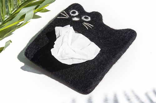 omhandmade 羊毛氈面紙包/貓咪毛孩子面紙袋/動物造型悠遊卡套-黑色貓咪刺繡