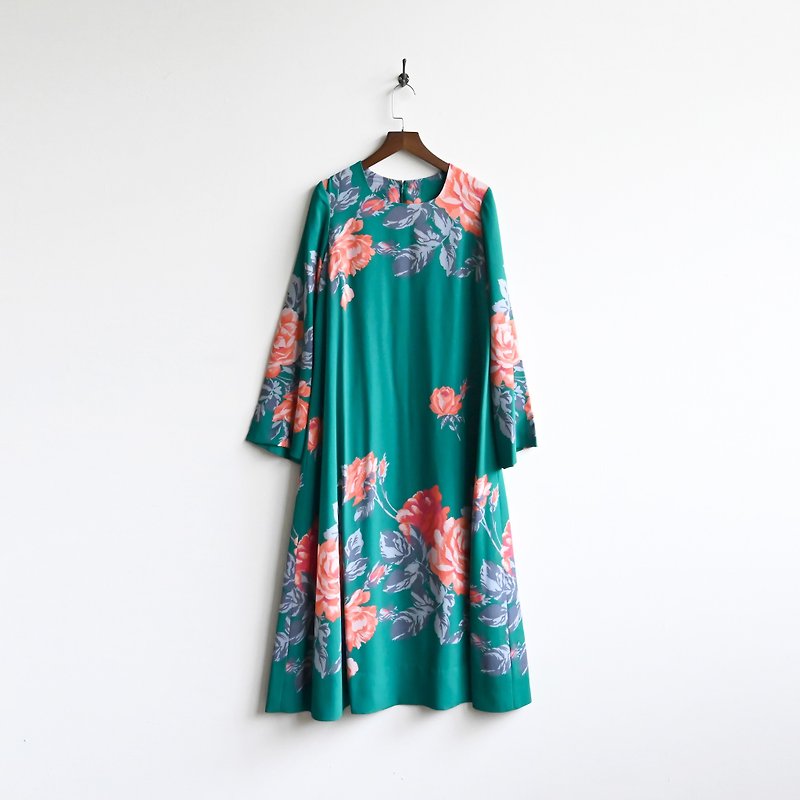 [Egg Plant Vintage] Yuncui Flower Tea Print Vintage Dress - One Piece Dresses - Other Man-Made Fibers 