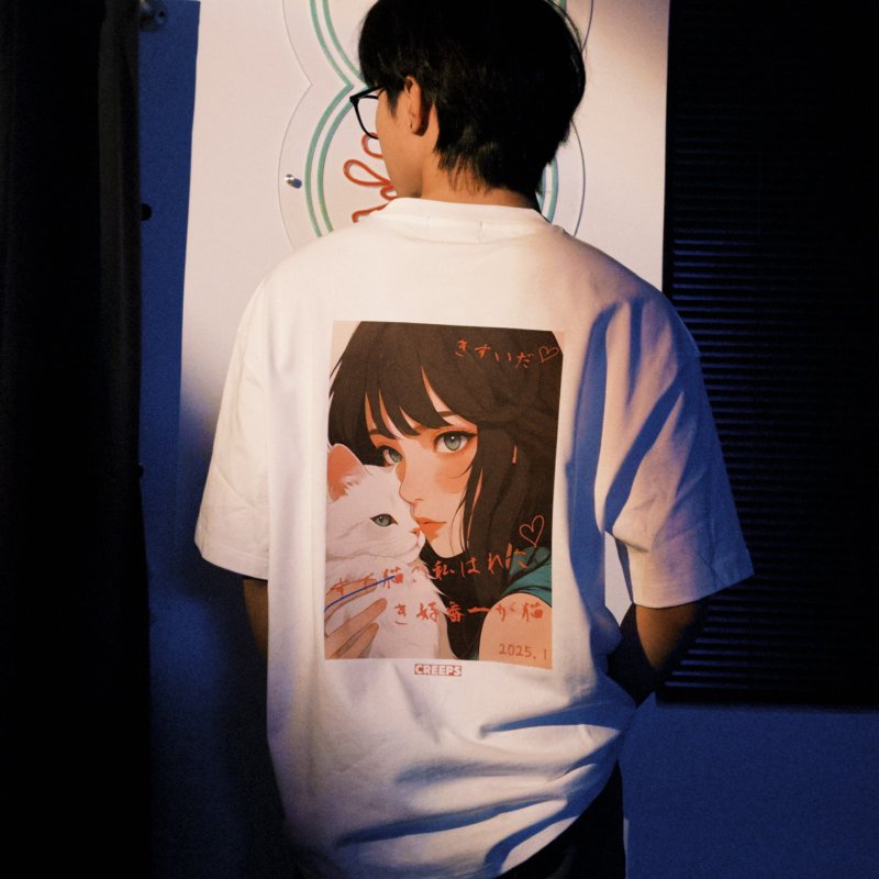 【CREEPS】Love My Cat the Most 寬鬆重磅印花T恤 210g - 男 T 恤 - 棉．麻 多色