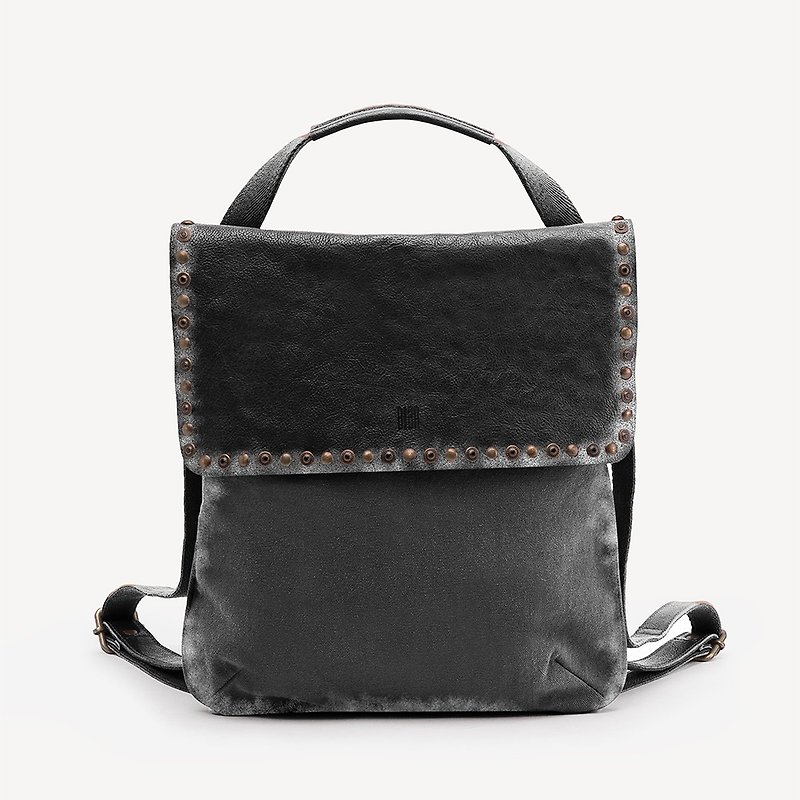 [Spain BIBA] Whitney retro style stud buckle crossbody/back dual-use bag - Backpacks - Genuine Leather Black