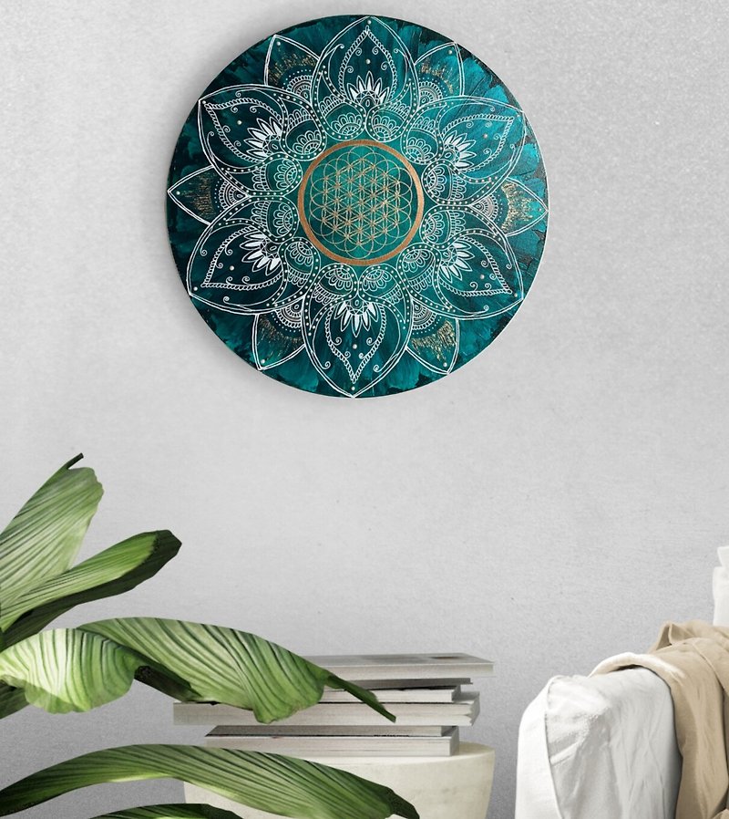 Mandala Flower of Life Sacred geometry spiritual painting Meditation wall art - 牆貼/牆身裝飾 - 壓克力 綠色