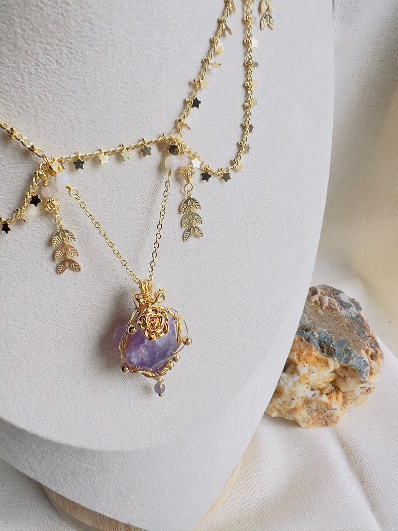 Amethyst rose metal braid_necklace_forest jewelry_natural stone_ore_copper plated 14K Bronze-plated - Necklaces - Crystal 