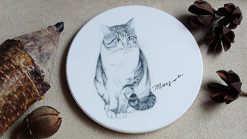 Gray tabby cat on white _ Yingge ceramic absorbent coasters - Coasters - Pottery White