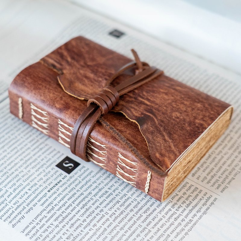 筆記本/手帳 真皮 Leather Journal, Vintage Bookbinding (Natural Edge / Rustic Brown) - สมุดบันทึก/สมุดปฏิทิน - หนังแท้ 