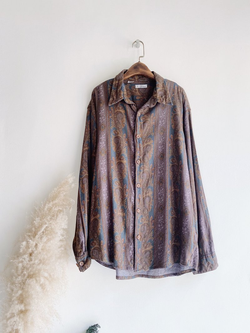 卡其灰褐滿版華麗圖騰 古著絲混棉襯衫上衣 vintage Shirt - 女襯衫 - 棉．麻 咖啡色