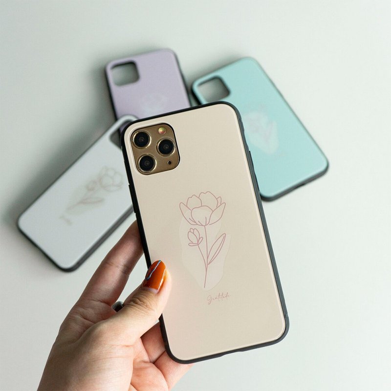 多機種対応 スマホケース ガラス 【 韓国flower 】 ニュアンスカラー 韓国 花 iPhone Xperia android JI65U - 手機殼/手機套 - 玻璃 綠色