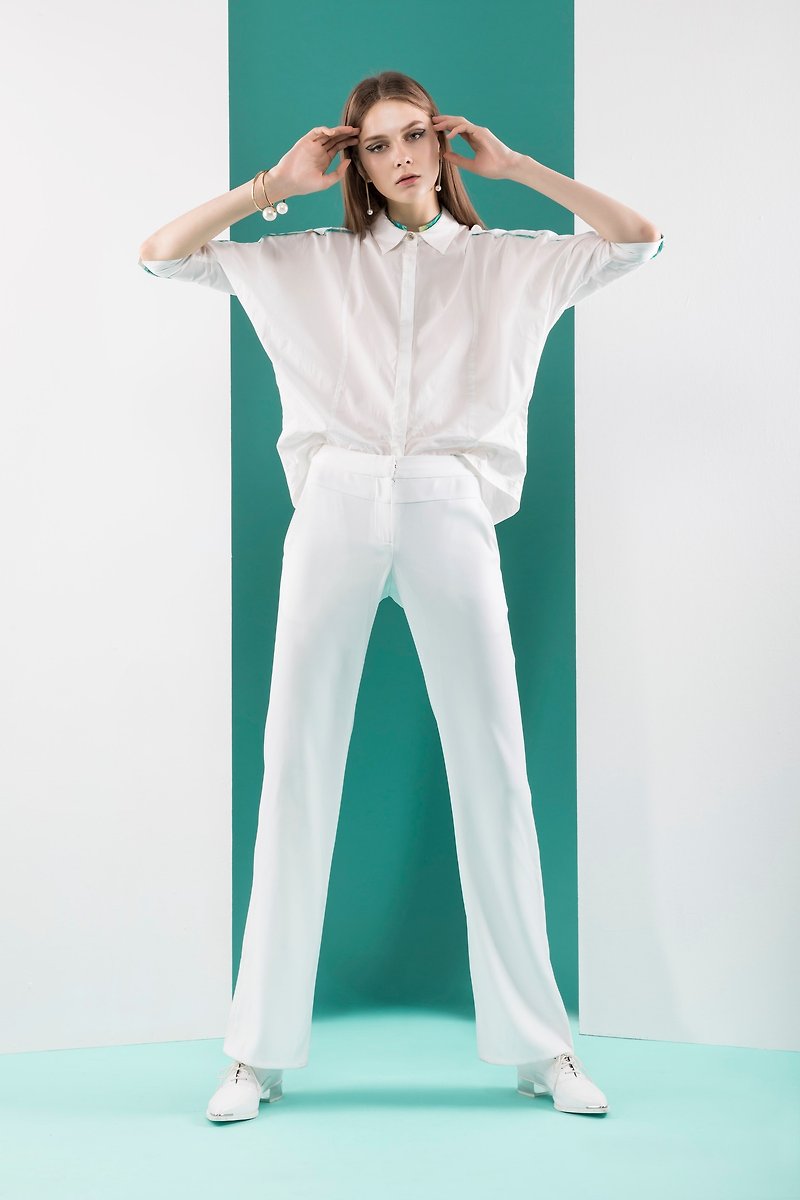 雅典娜綠連袖襯衫 - 恤衫 - 聚酯纖維 白色
