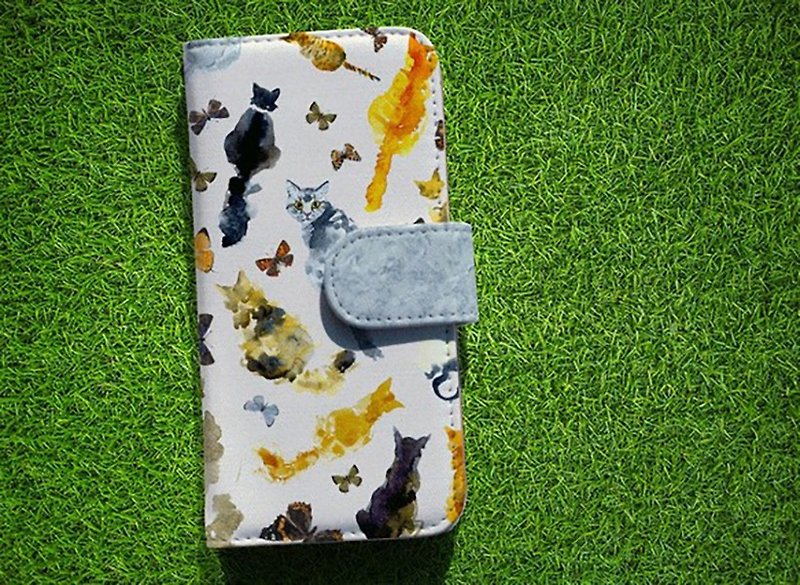 [Compatible with all models] Free shipping [Notebook type] Smartphone case on the back of a cat - เคส/ซองมือถือ - หนังแท้ สีน้ำเงิน