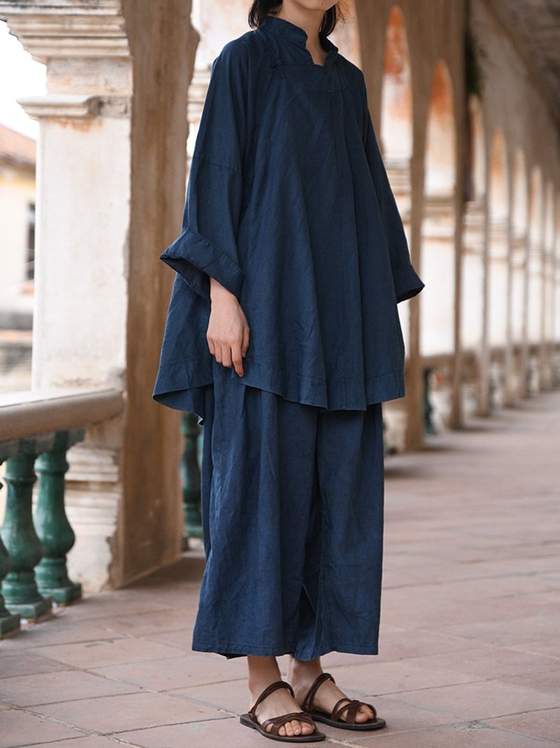 Indigo Plant Dyed Linen Chinese Wide Pants Summer Thin Straight Pants - Women's Pants - Cotton & Hemp Blue