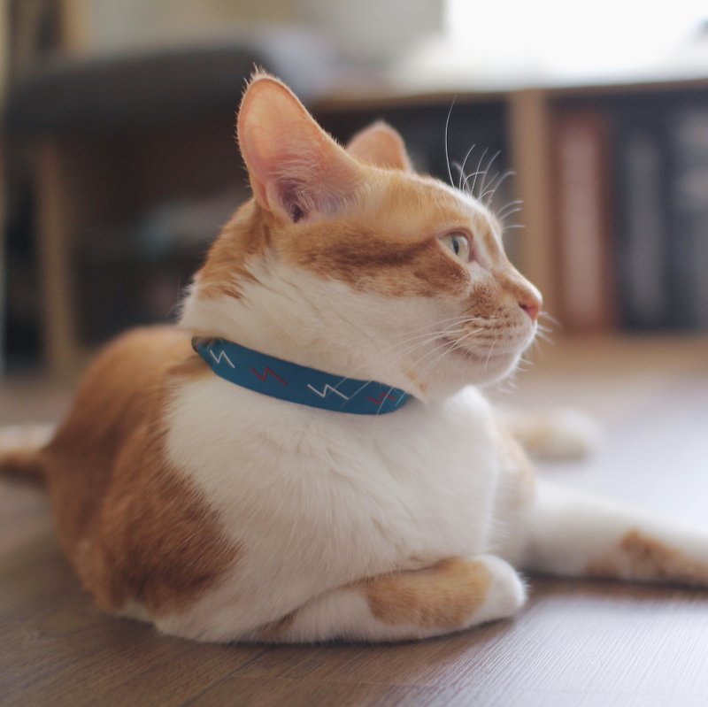 藍x灰 閃電線 輕巧簡易 可調整 安全扣 貓項圈 交換禮物 - 貓狗頸圈/牽繩 - 繡線 藍色
