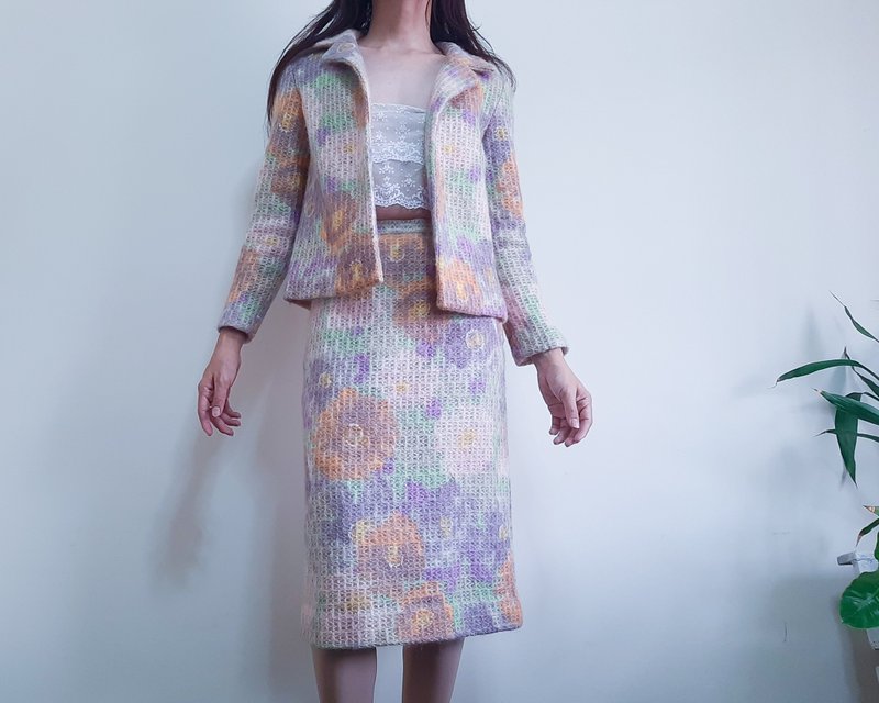 復古 1960 年代柔和碎花裙子套裝兩件套羊毛混紡套裝尺寸 Xs - 女西裝外套 - 羊毛 多色