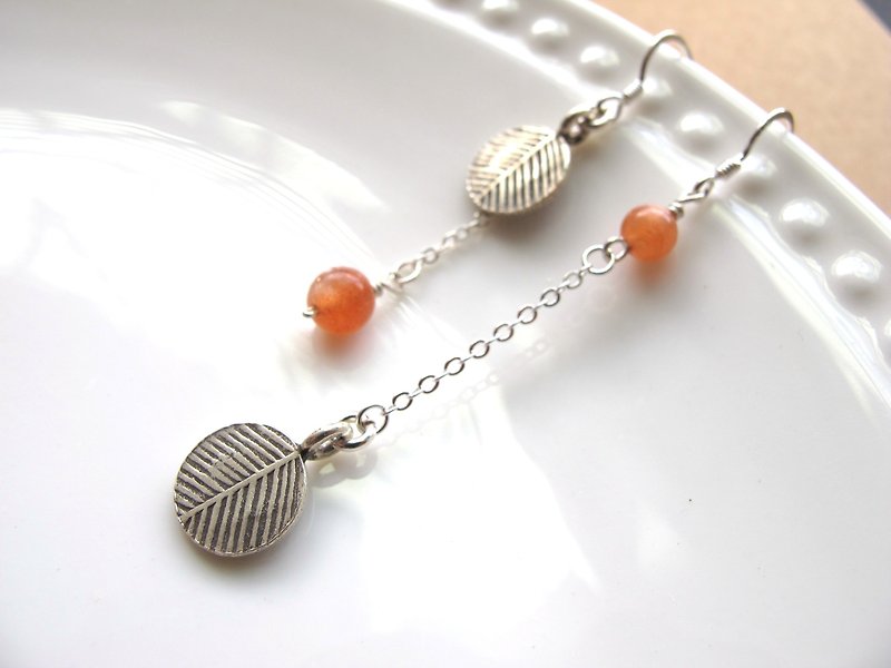 [Autumn Fall] Sun Stone x 925 Silver - Handmade Natural Stone Series - Earrings & Clip-ons - Crystal Orange