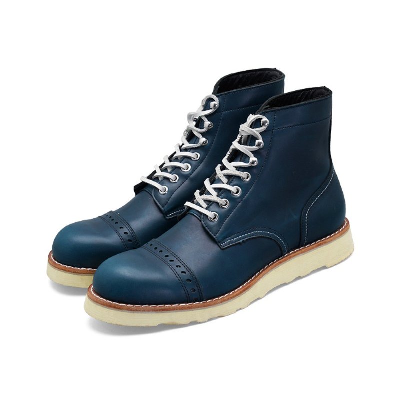 ハンドメイド レザー オイル蝋レザー ハイトップ 空挺部隊ブーツ レトロ マーチン ブーツ - メンズ ブーツ - ポリエステル ブルー