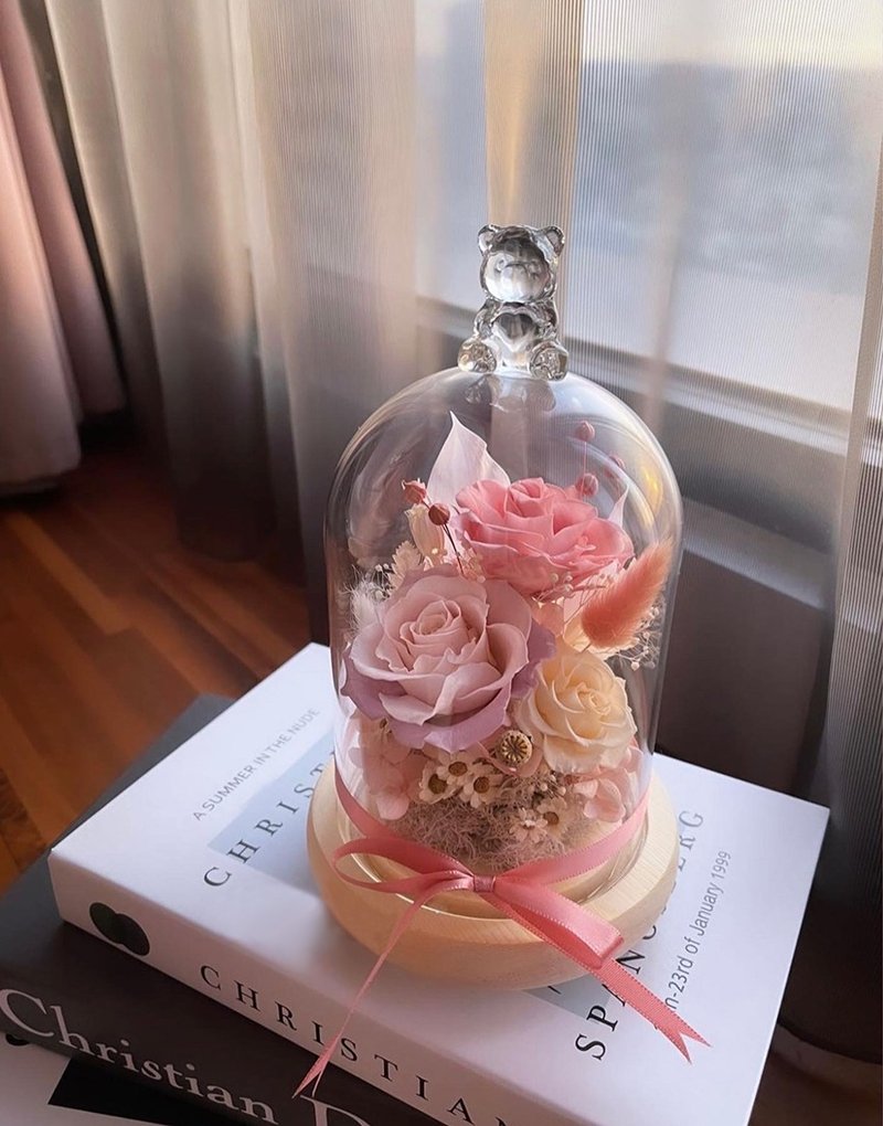 Preserved Flowers - Pink + Pink Purple Permanent Flower Rose Night Light Glass Shade Birthday Gift Valentine's Day Gift - ช่อดอกไม้แห้ง - พืช/ดอกไม้ 