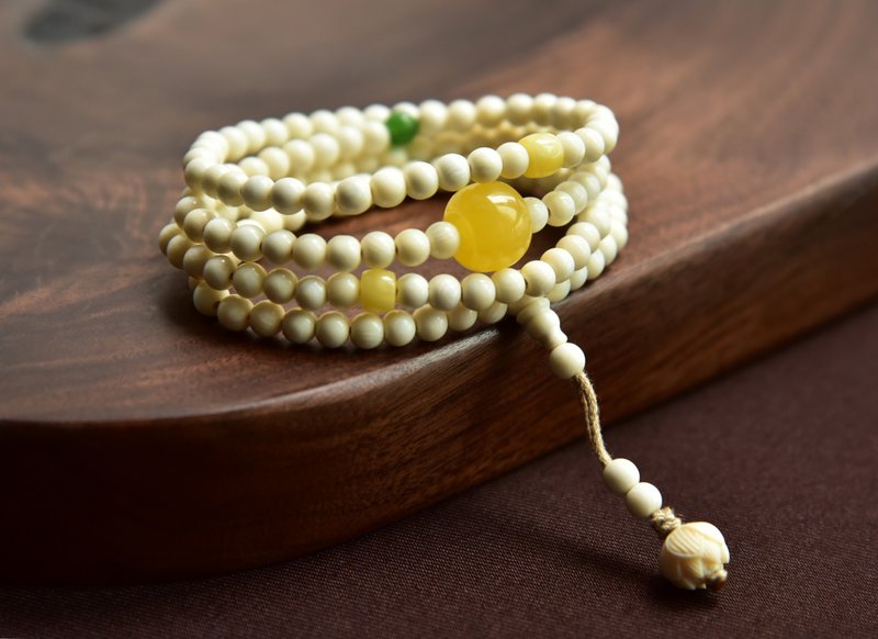 [Lotus] natural Siberian mammoth ivory Wax jasper bracelet necklace dual-purpose bead string - Bracelets - Gemstone White