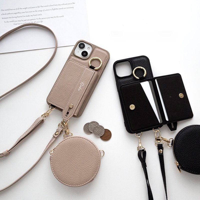 福袋 ポーチ・ストラップ付 カラー リアケース 【 ベルト付き 2つ折り カードケース 名入れ 】 スマホショルダー JE16U - スマホケース・カバー - 革 ブラウン