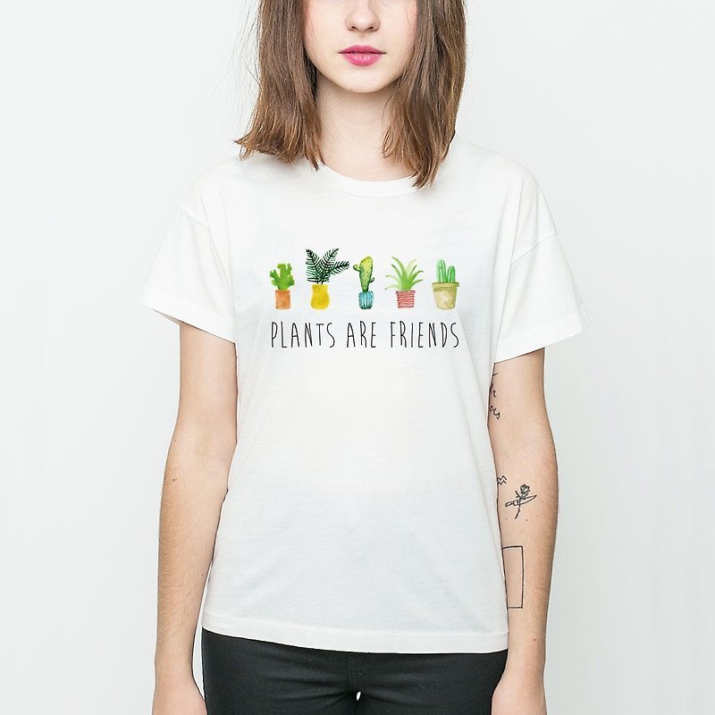 PLANTS ARE FRIENDS #2 男女短袖T恤 白色 植物是我們的朋友 多肉盆栽清新療癒創意植栽文青藝術 - 女 T 恤 - 棉．麻 白色