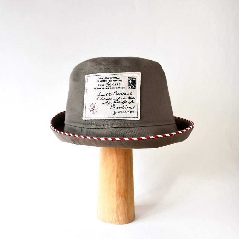 Handmade ArmyGreen Post Card Pattern Bucket Hat // Bucket Hat - หมวก - ผ้าฝ้าย/ผ้าลินิน สีนำ้ตาล
