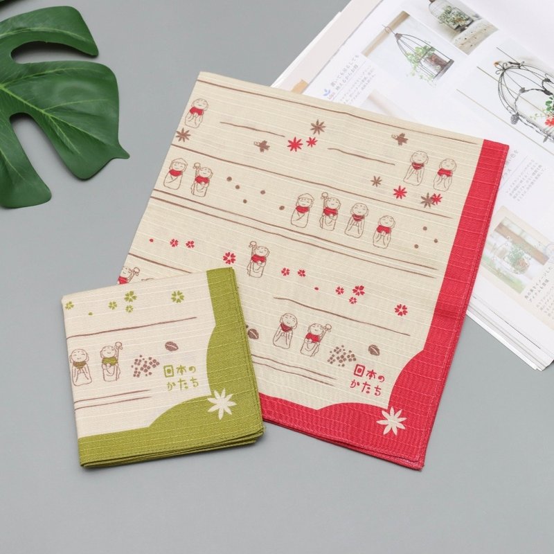 京都風呂敷包巾-日本意象 中巾-地藏(粉/綠) - 手帕 - 棉．麻 