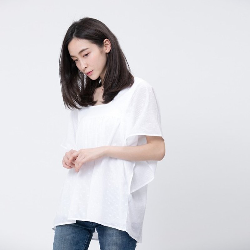 Olina wide sleeve and trapeze neckline top / White dots - Women's Tops - Cotton & Hemp White