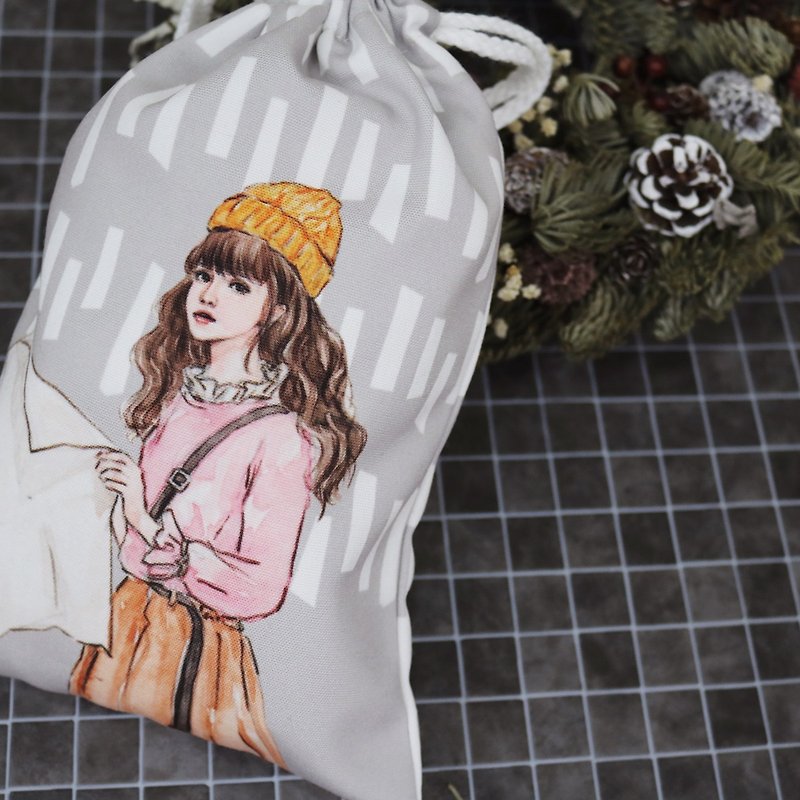 Drawstring bag - Map Girl - กระเป๋าเครื่องสำอาง - ผ้าฝ้าย/ผ้าลินิน 