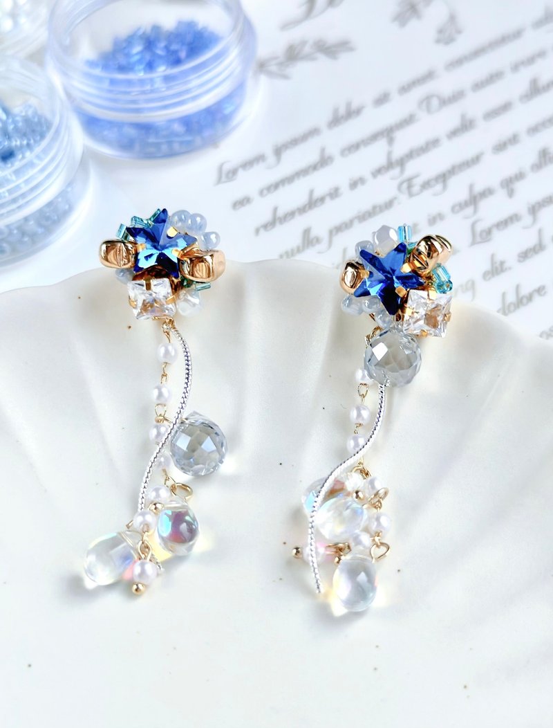星星耳環/派對耳環/藍色耳環/ star earrings/鋯石耳環/藍水 - 耳環/耳夾/耳骨夾 - 其他金屬 