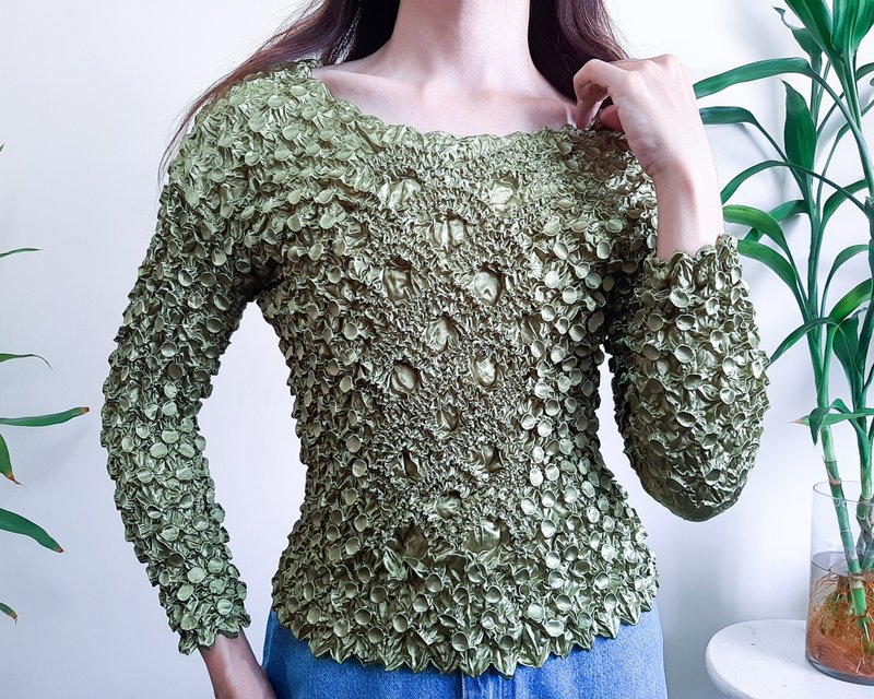 S - M - 復古 90 年代綠色緞面褶皺上衣爆米花襯衫 - 女上衣/長袖上衣 - 聚酯纖維 綠色