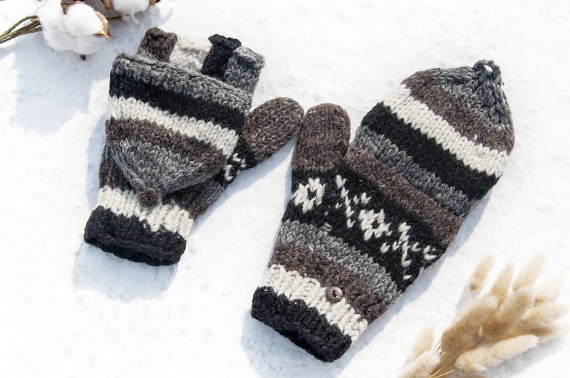 Hand-woven pure wool knitted gloves/removable gloves/inner bristle gloves/warm gloves-black coffee latte - ถุงมือ - ขนแกะ หลากหลายสี