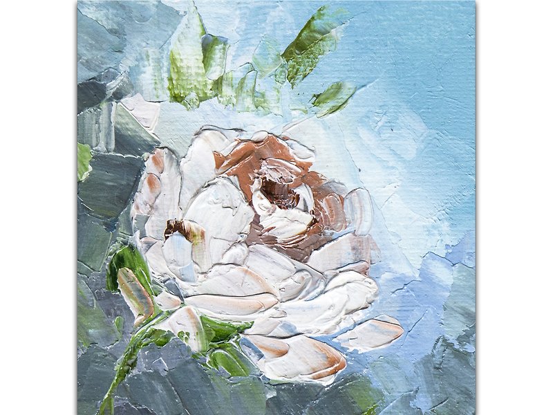 White Peony Painting Impasto Flower Original Art Floral Small Oil Painting - Wall Décor - Other Materials Blue