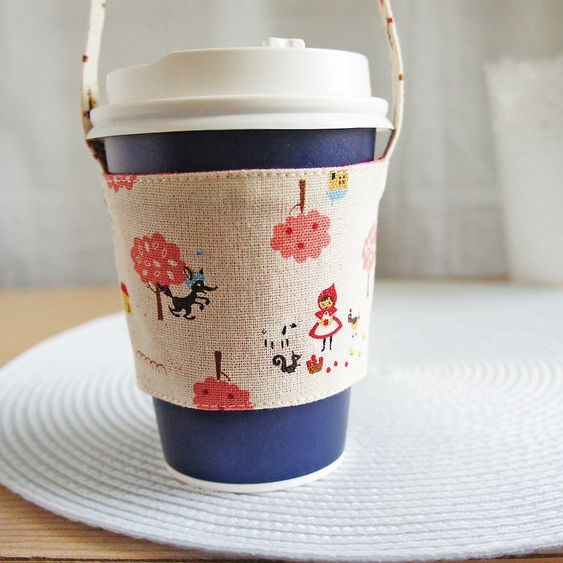 Lovely Little Red Riding Hood and Big Wild Wolf Cups and Pugs‧Package‧Green Cup Cover‧Cover Cup Sets 【Convenience Store Paper Cups and Handcuffed Paper Cups】 Rice Base - Beverage Holders & Bags - Cotton & Hemp Gold