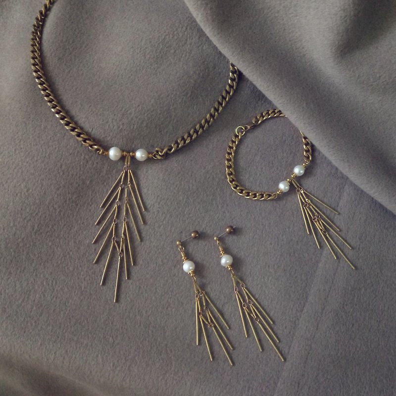 [Promotional Set] Bronze Fishbone Pearl Series / Necklace + Bracelet + Earrings - สร้อยคอ - โลหะ สีทอง