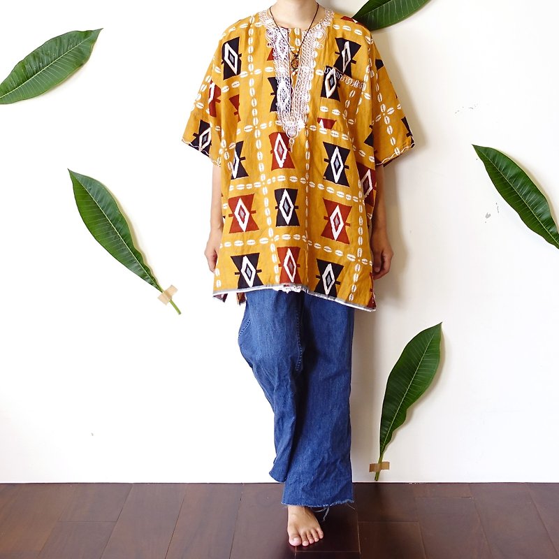 BajuTua / vintage / beans pattern traditional African batik shirt Dashiki - เสื้อยืดผู้ชาย - ผ้าฝ้าย/ผ้าลินิน สีส้ม